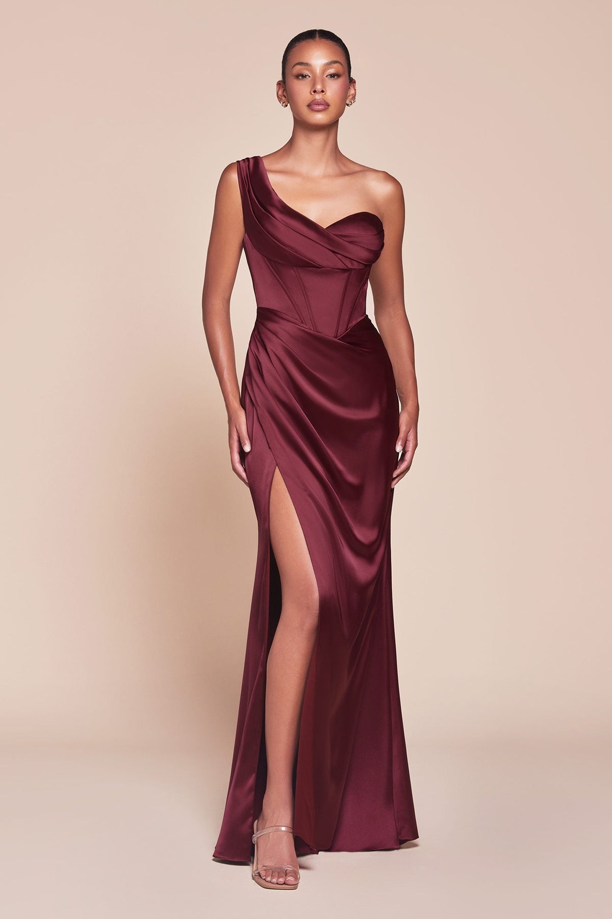 Ladivine 7448 Dress Long One Shoulder Satin Corset Gown