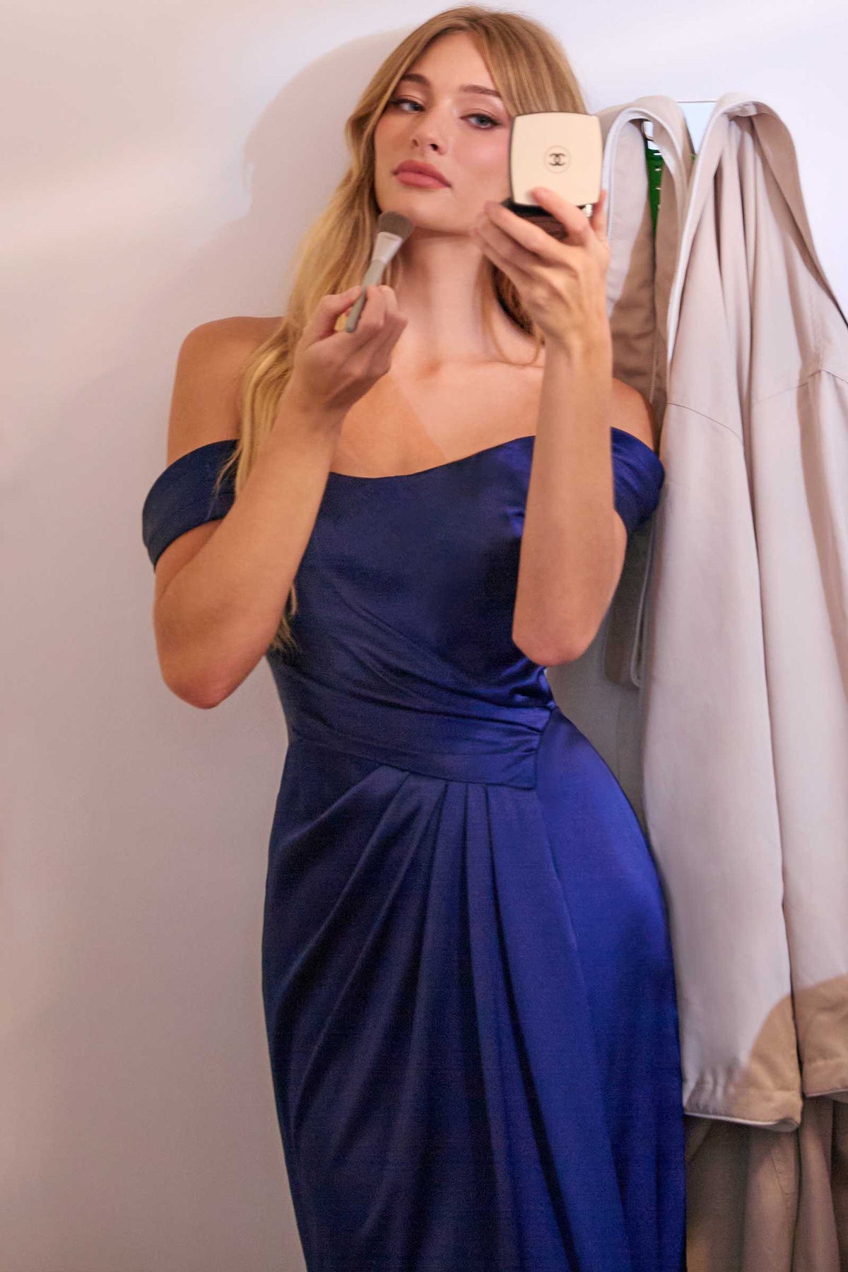 CLEARANCE - Ladivine 7452 Dress Off the Shoulder Sage Green Satin Gown (Size 10)