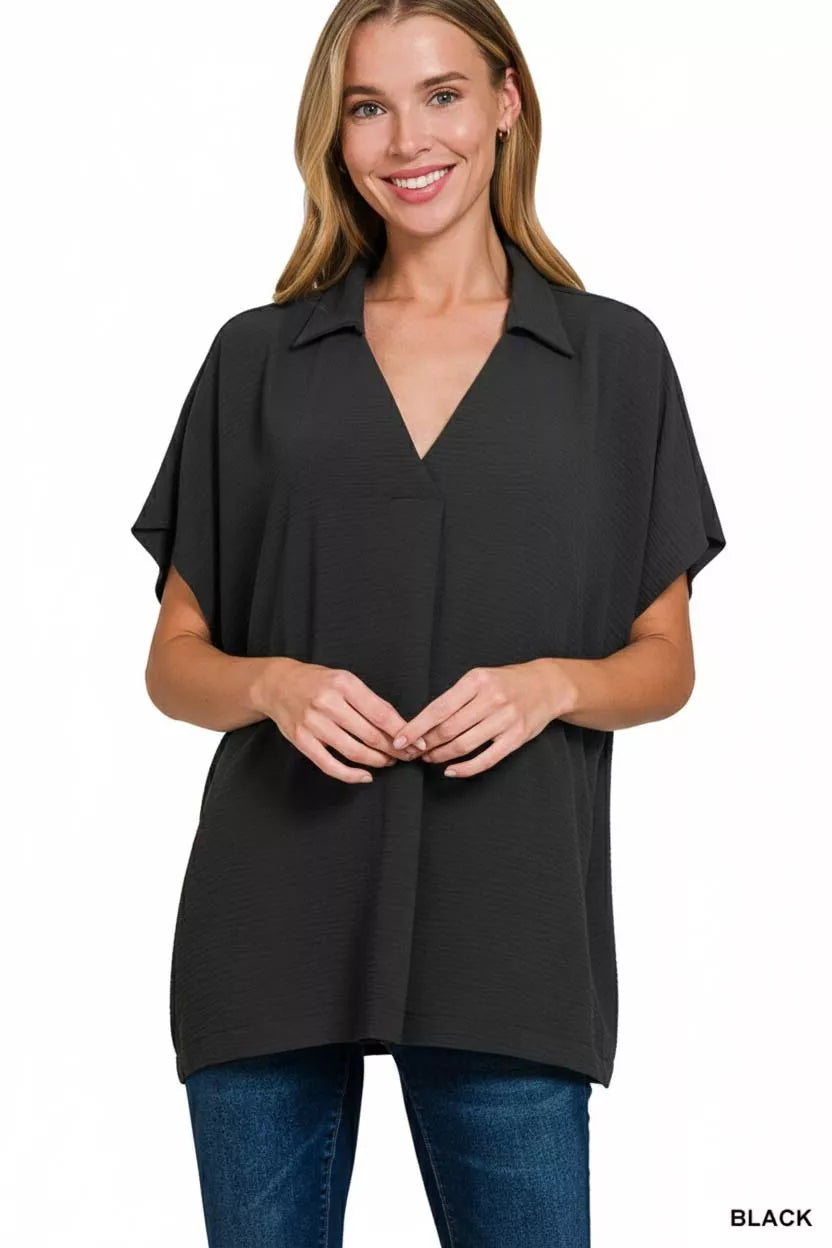 Zenana Woven Airflow Collared Short Sleeve Top