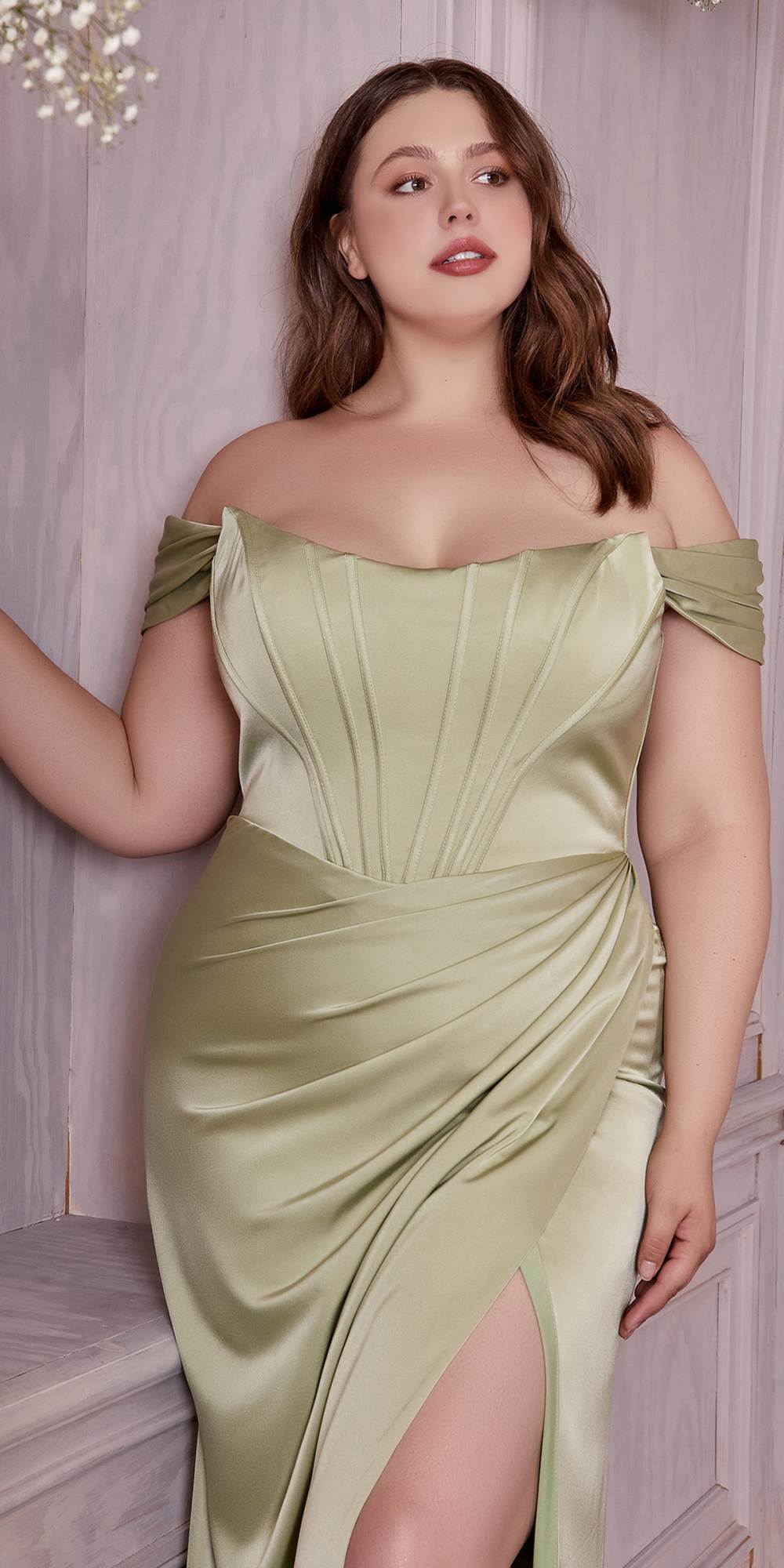 Cinderella Divine 7484C Plus Size Off the Shoulder Corset Satin Formal Gown