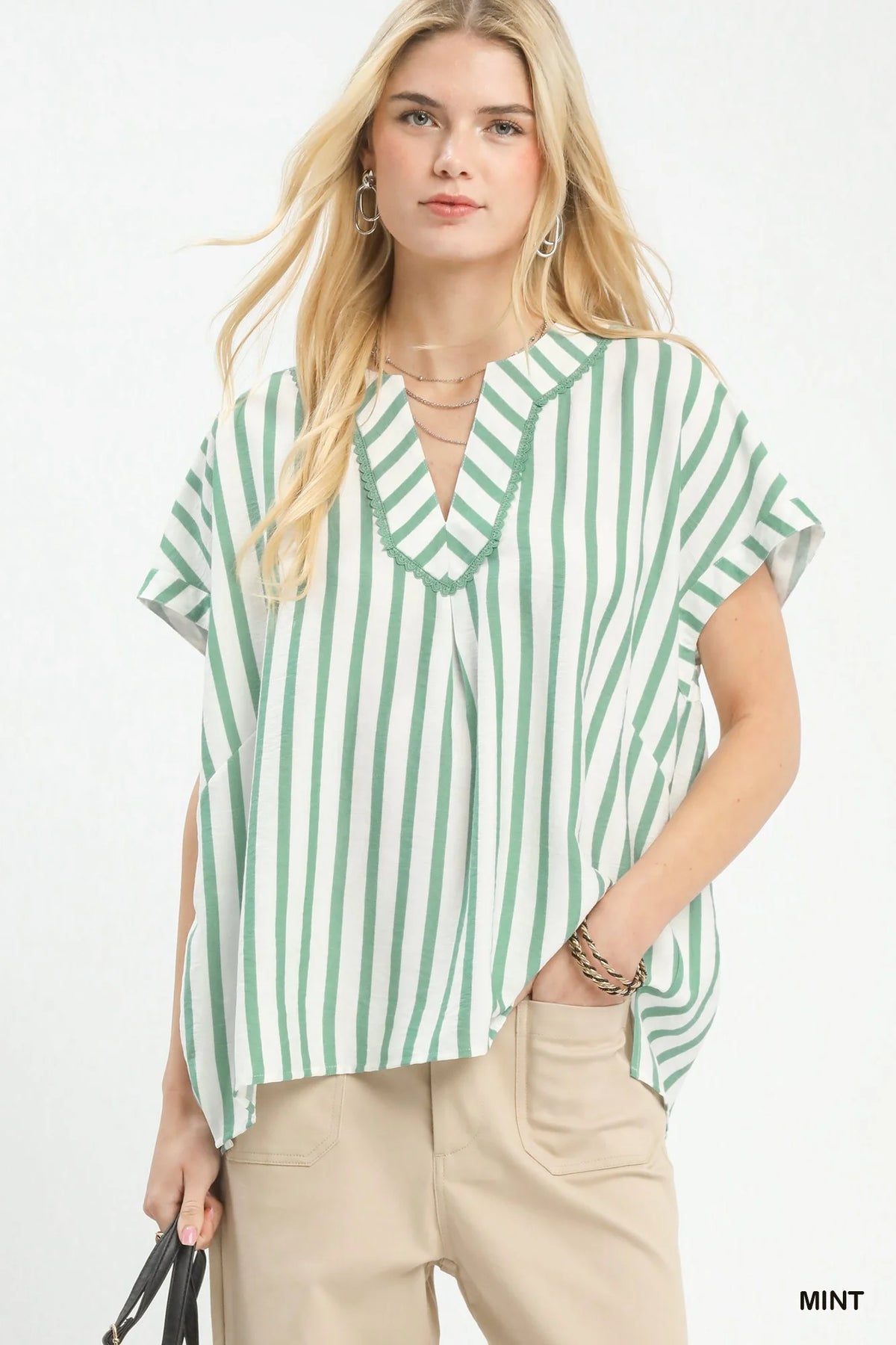 Umgee Mixed Stripe Split Neck Oversized Blouse