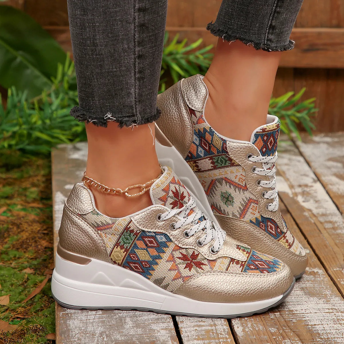 Geometric Lace Up Wedge Sneakers