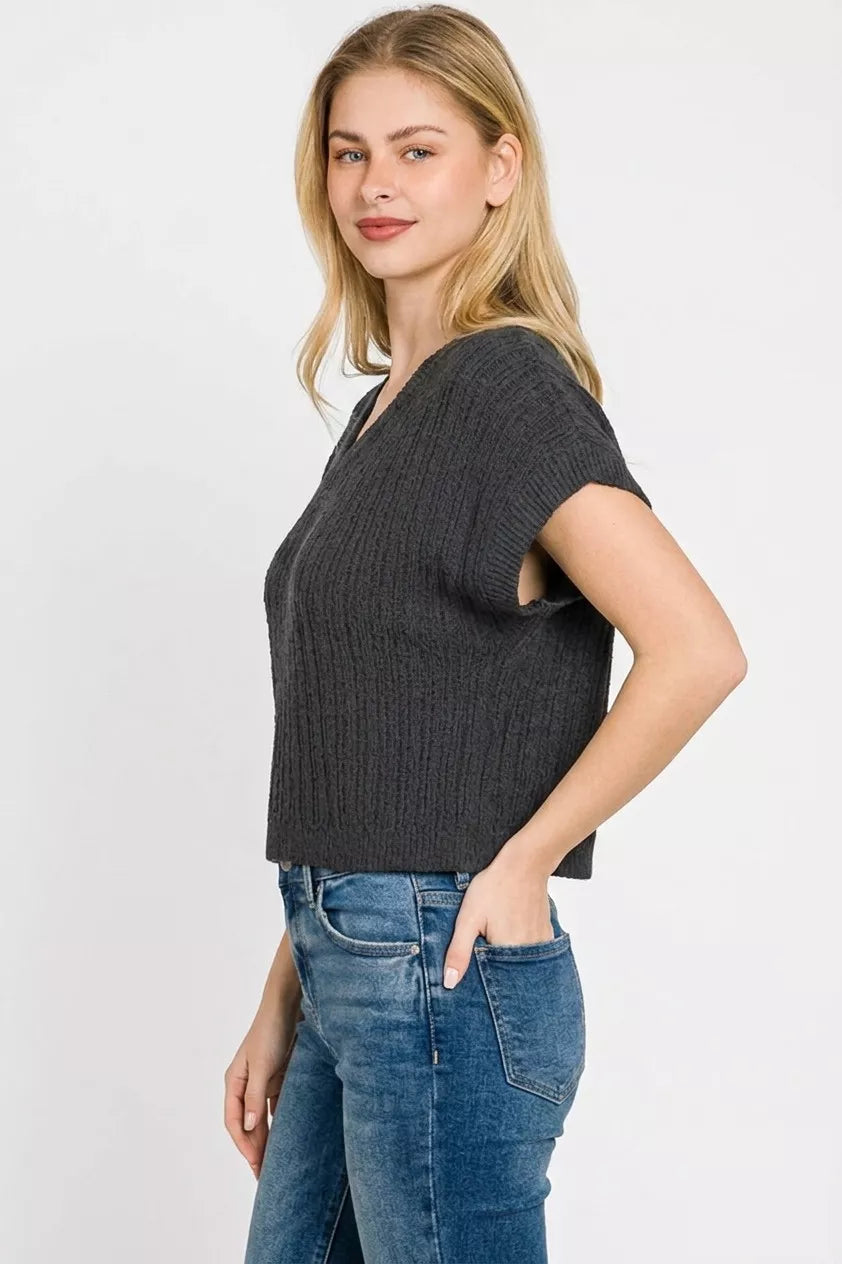Zenana Textured Knit V-Neck Cropped Sweater