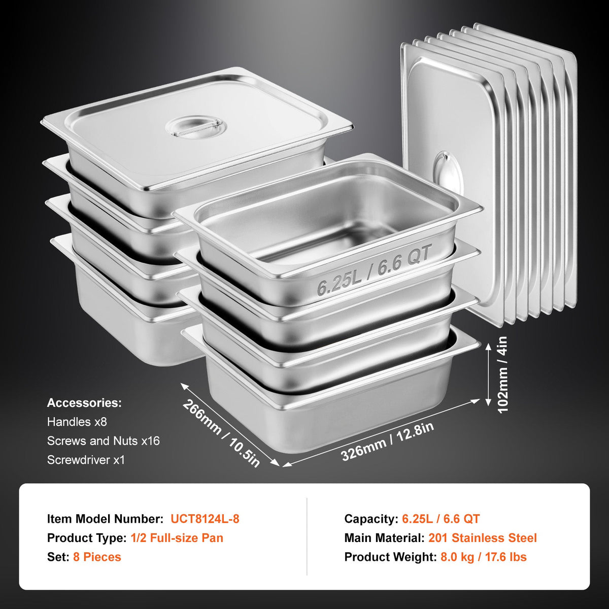 8 Pack Hotel Pans, 1/2 Size Anti-Jam Steam Pan with Lid, 0.8mm Thick Stainless Steel Steam Table Pan, 4-Inch Deep Commercial Table Pan, Catering Storage Food Pan, for Industrial & Scientific