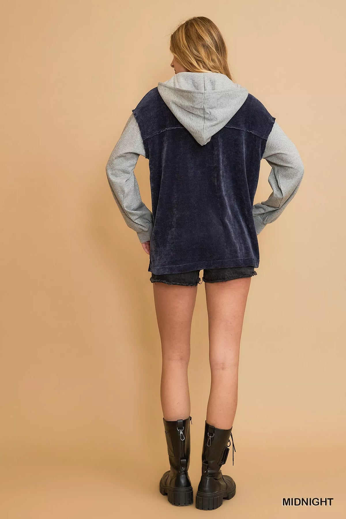 Umgee Contrast Hooded Chenille Jacket