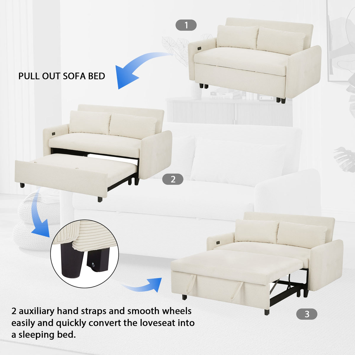 Modern Convertible Pull-out Sofa Bed with USB Ports and Pillows, Beige Corduroy, 57.48 inches