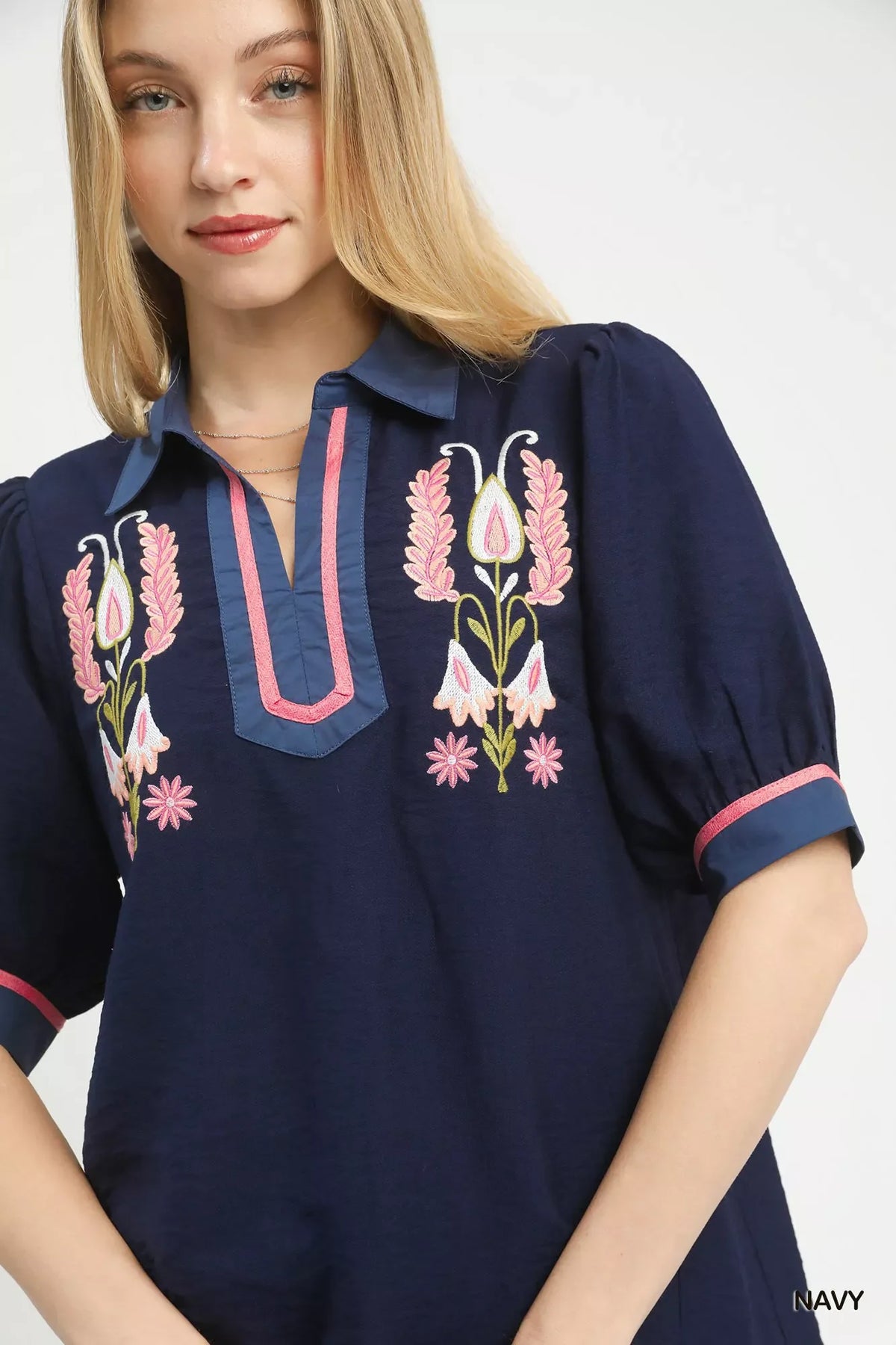 Umgee Embroidered Puff Sleeve Contrast Trim Top