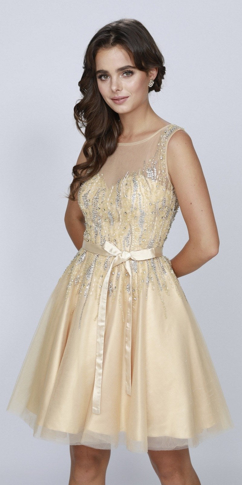 CLEARANCE - Juliet 776 Sequins Embellished Bodice Illusion Short Dress (Size M)