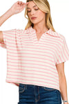 Zenana Striped Split Neck Collared Top