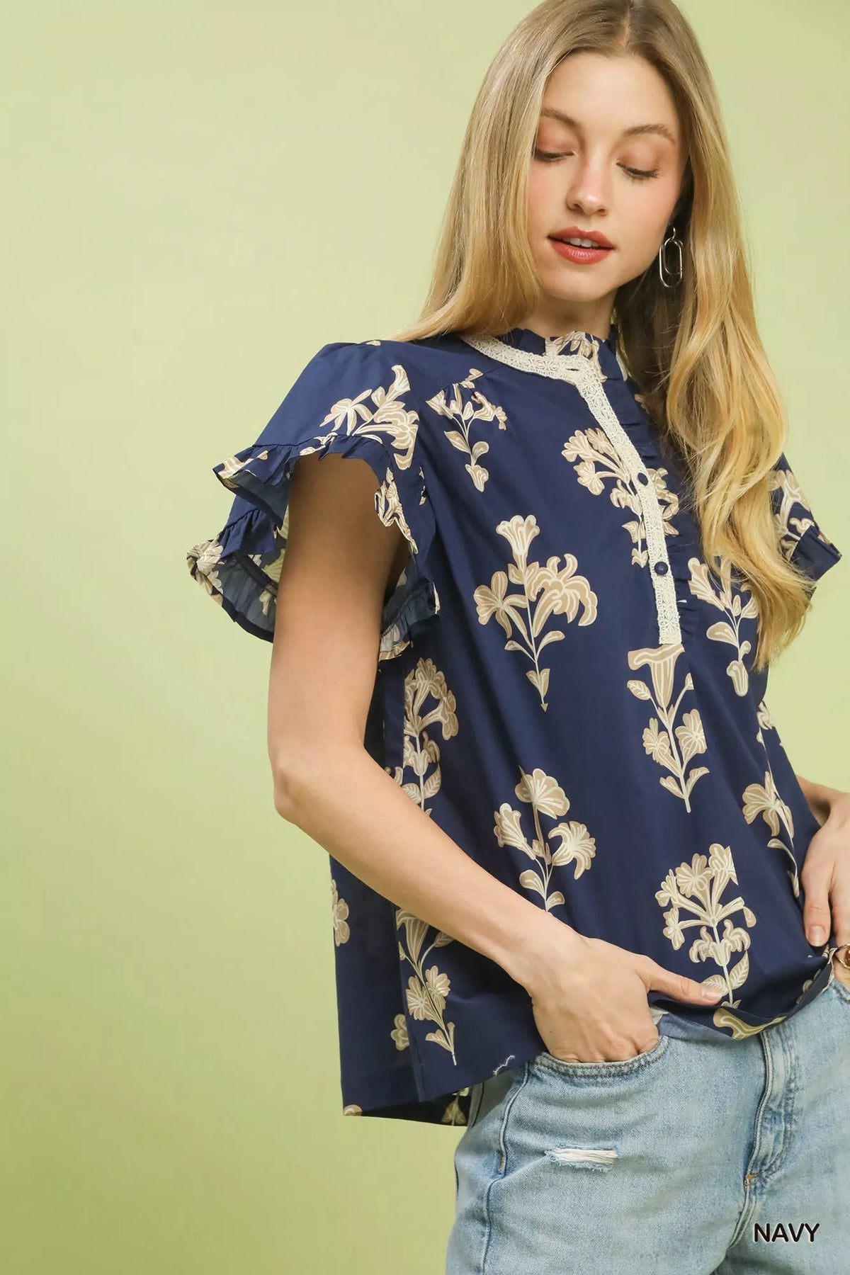 Umgee Floral Ruffle Sleeve Split-Neck Top