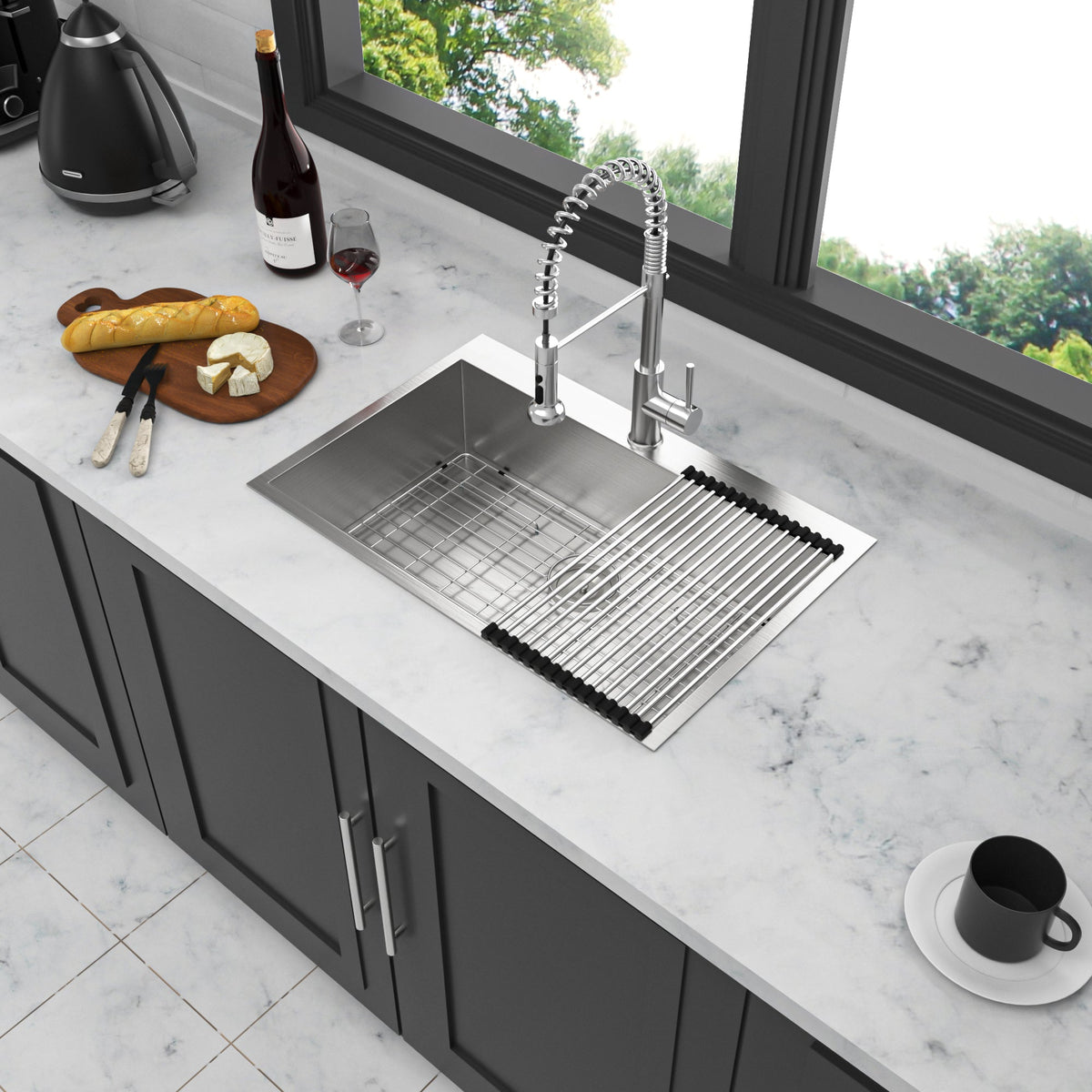 Brushed Nickel 33 x 22 Inch Kitchen Sink Drop In 16 Gauge Stainless Steel Single Bowl Topmount Basin