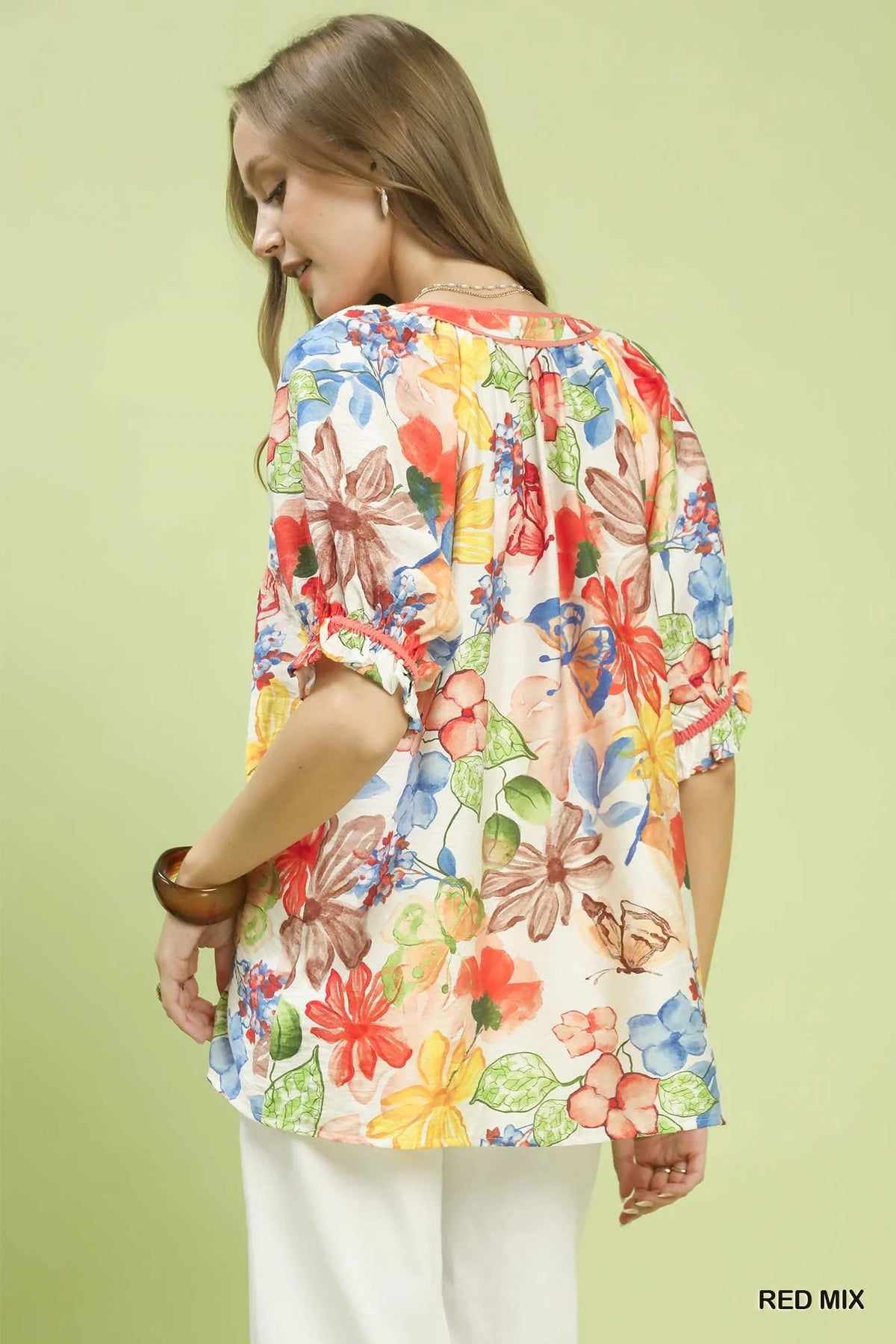 Umgee Watercolor Floral Print Top with High-Low Hem