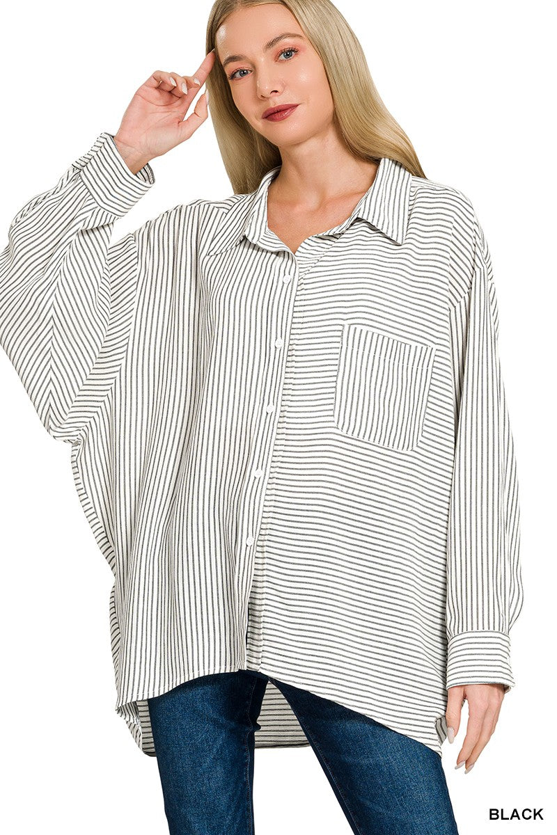 Zenana Woven Stripe Button Down Shirt