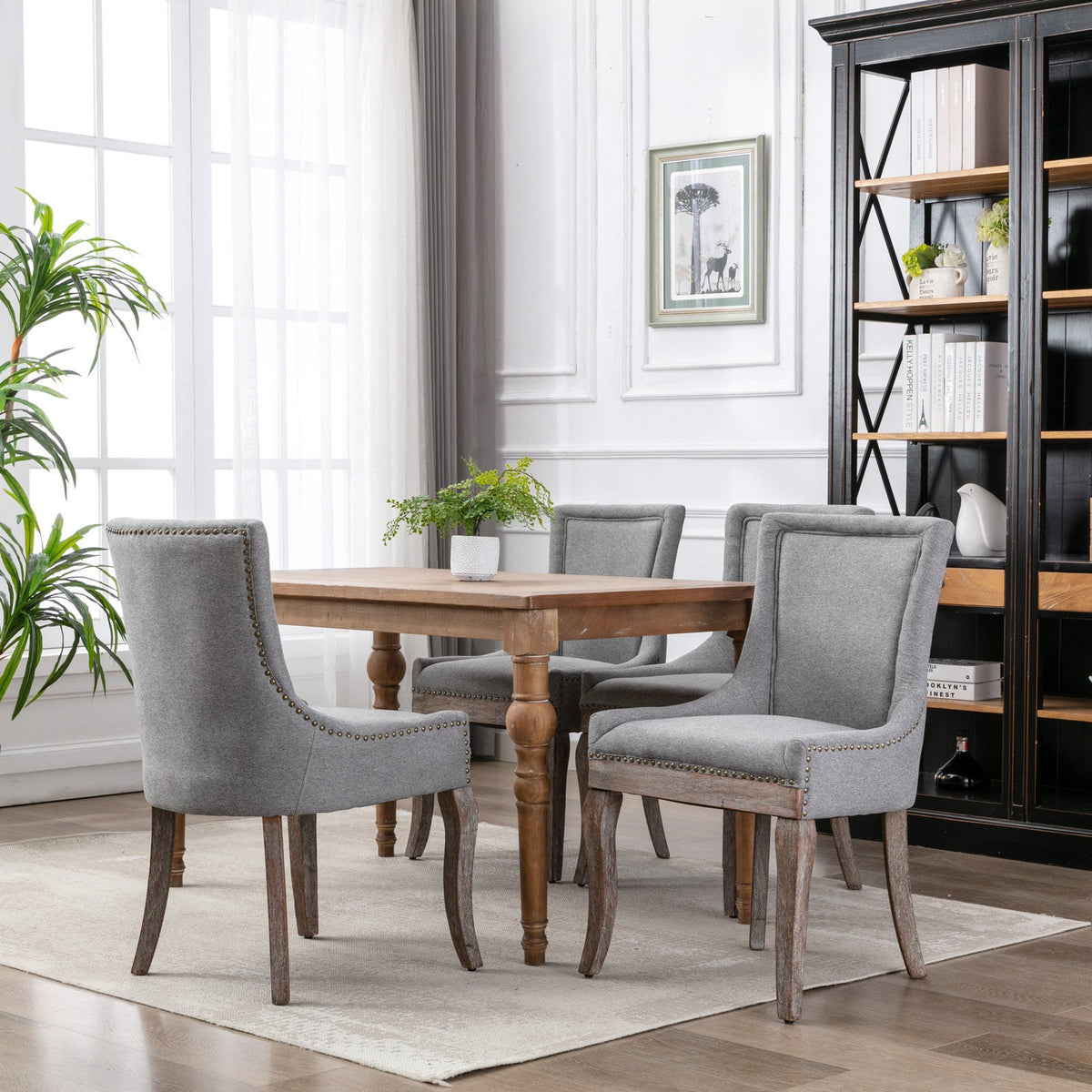 A&A Furniture Ultra Side Dining Chair with Thickened Fabric and Solid Wood Legs, Bronze Nail Head, Set of 2, Gray