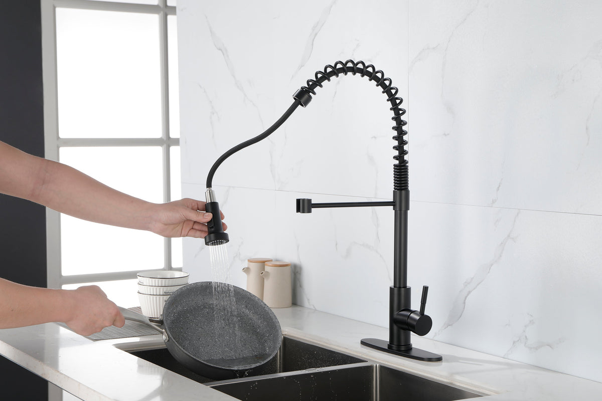 Spring kitchen faucet with pull-out sprayer, stainless steel single handle single hole kitchen sink faucet