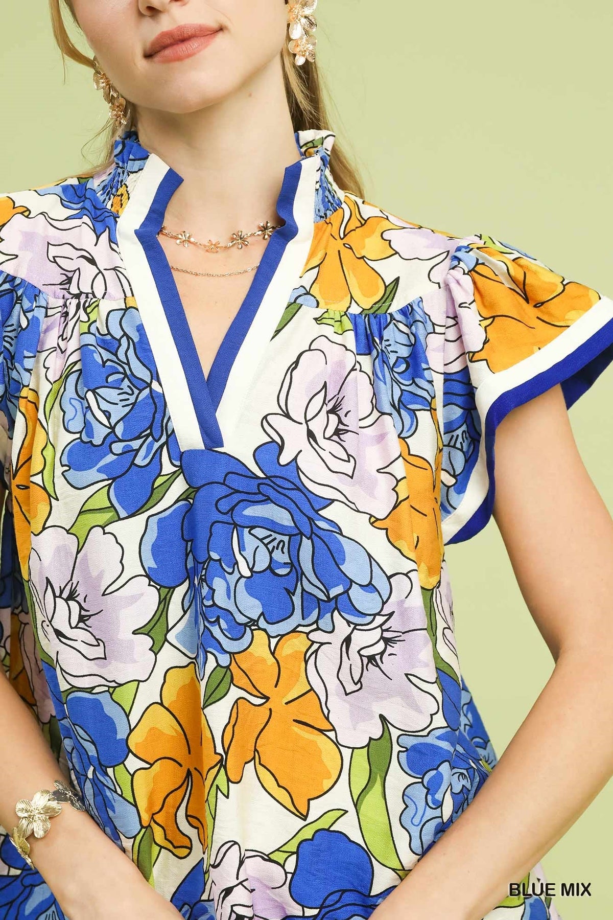 Umgee Floral Print Blouse with Contrast Trim