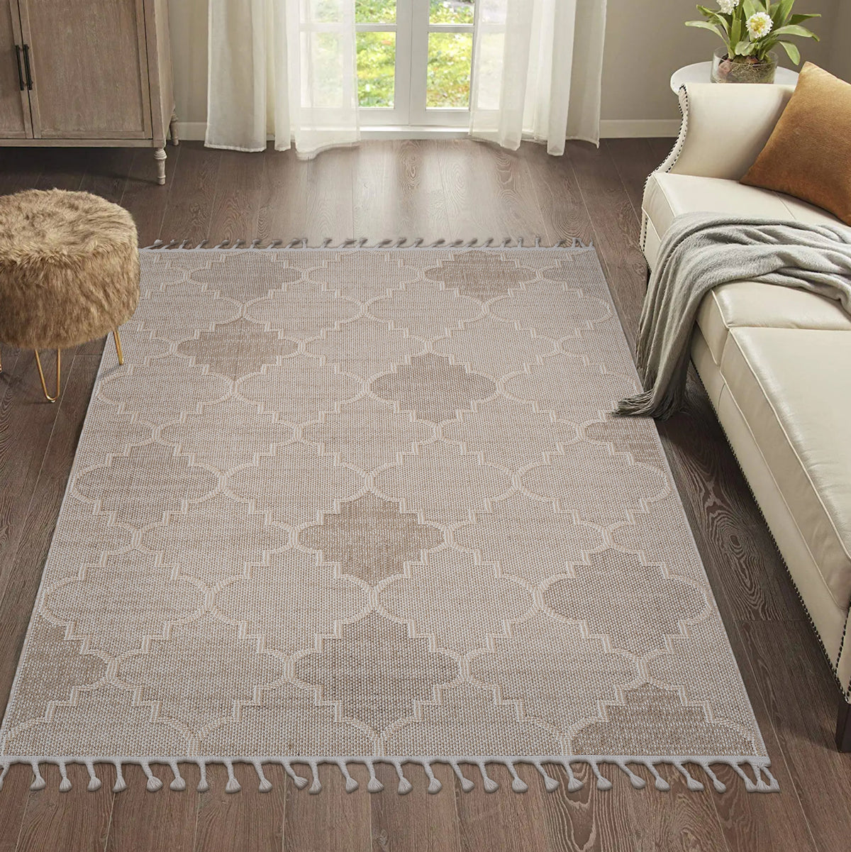 NAAR Guros Collection 6X9 Cream / Trellis Indoor / Outdoor Area Rug