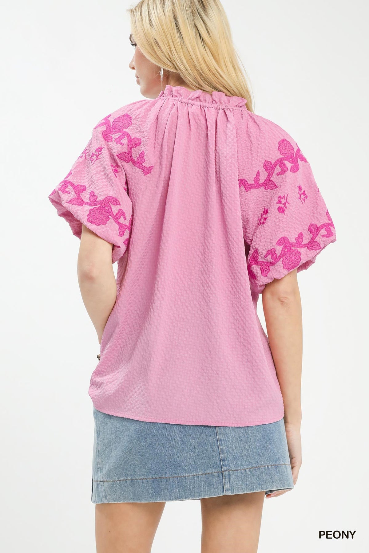 Umgee Embroidered Textured Flutter Sleeve Top
