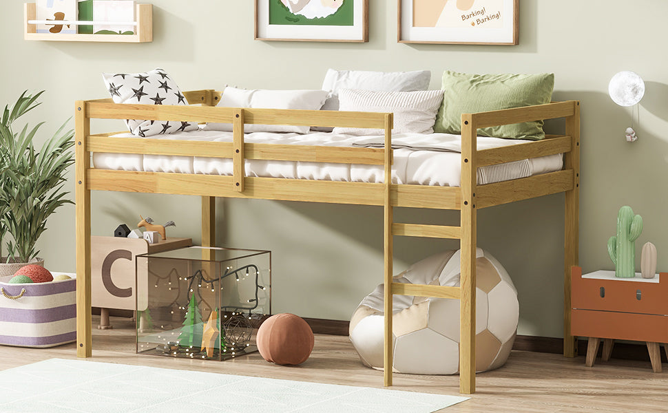 Solid Wooden, Rubber Wooden Twin Loft Bed with Ladder, Bed Platform of Strengthened Slats, Natural