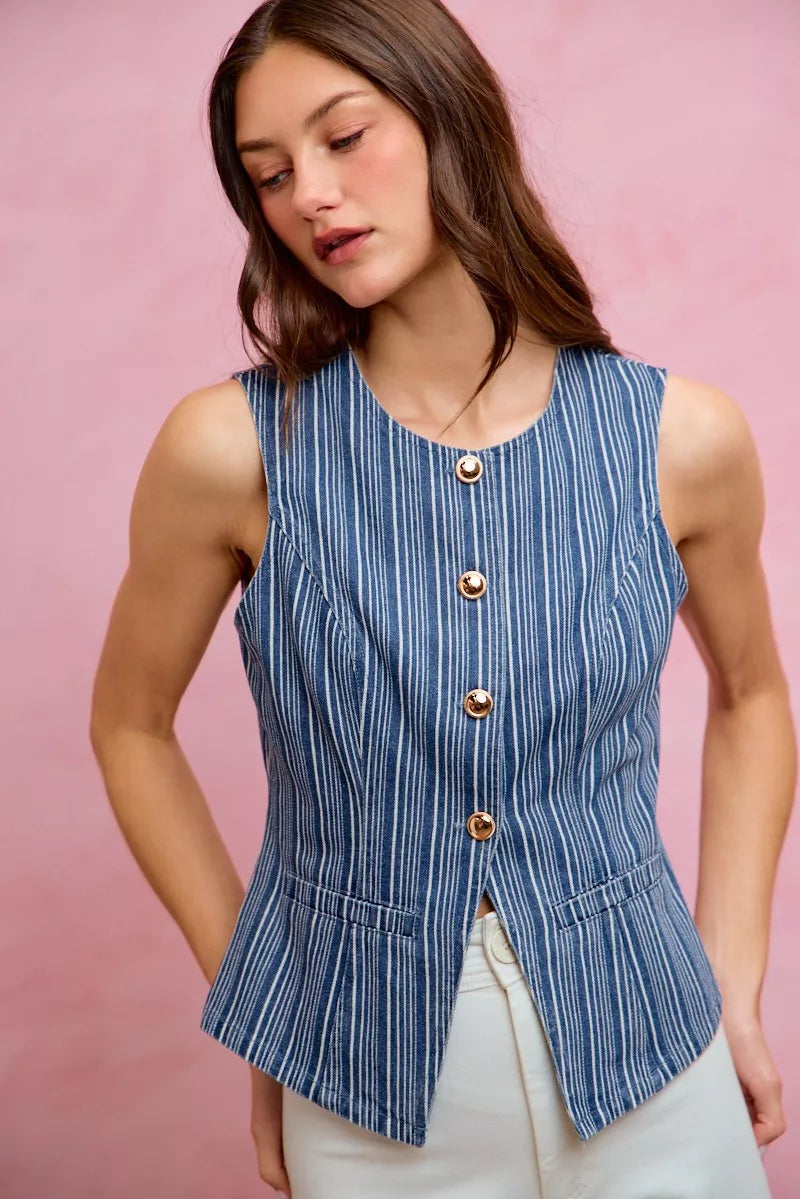 SO ME Stripe Slim Fit Button Front Denim Vest Top