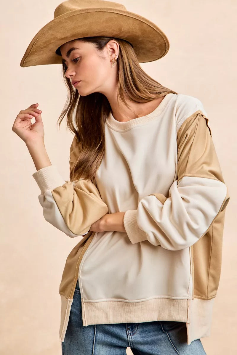 BiBi French Terry Color Block Top With Open Seam Detail