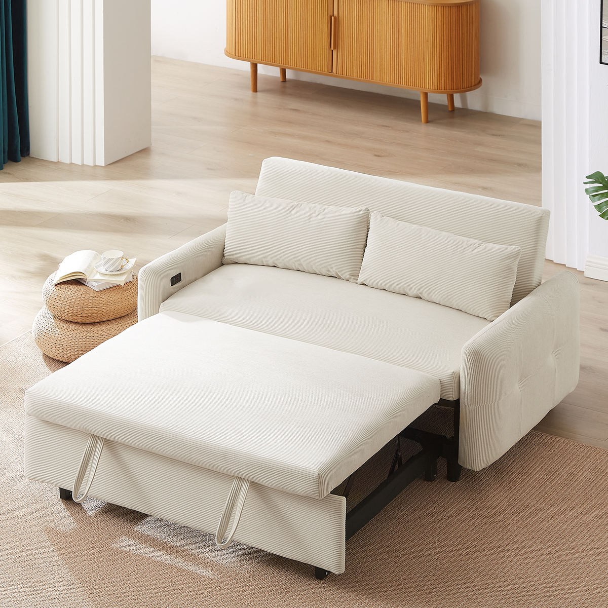 Modern Convertible Pull-out Sofa Bed with USB Ports and Pillows, Beige Corduroy, 57.48 inches