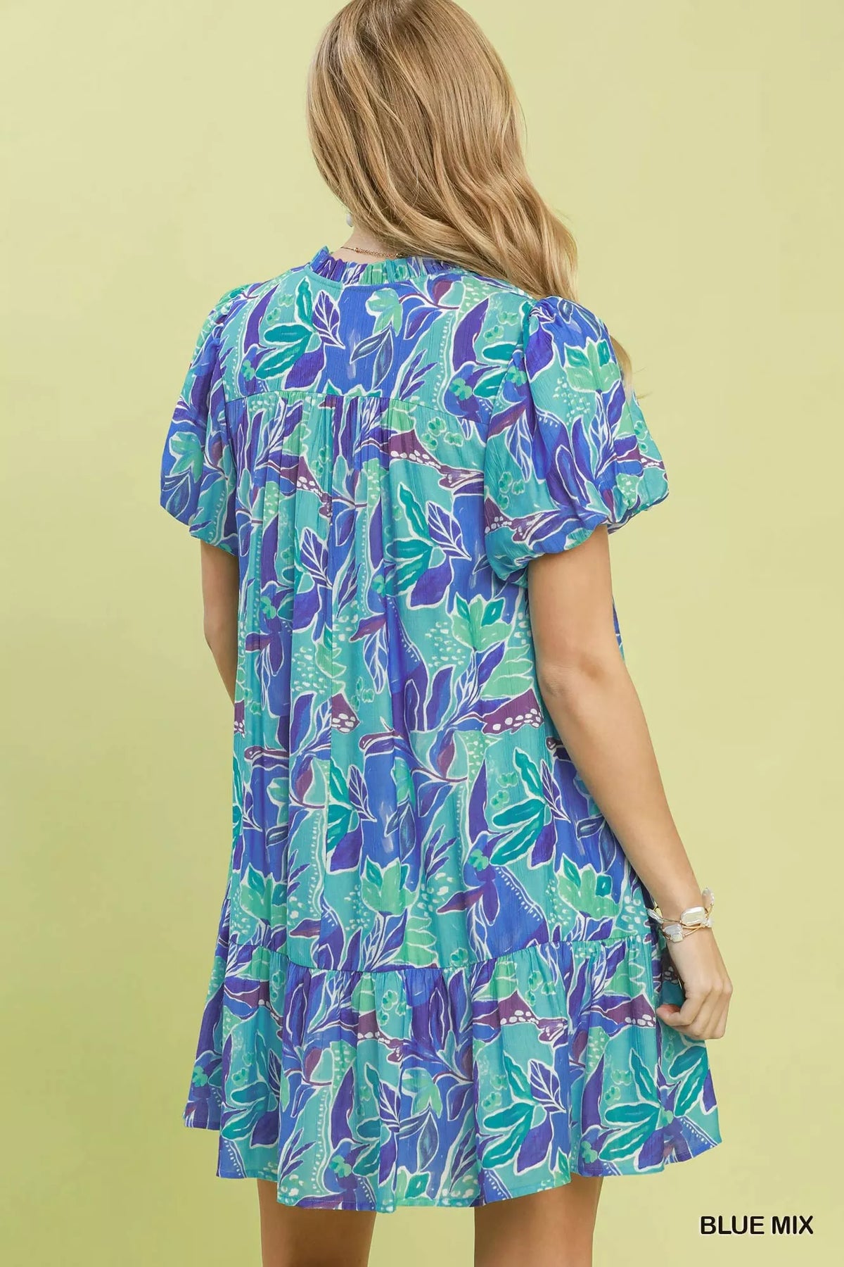 Umgee Tropical Floral Puff Sleeve Tiered Mini Dress
