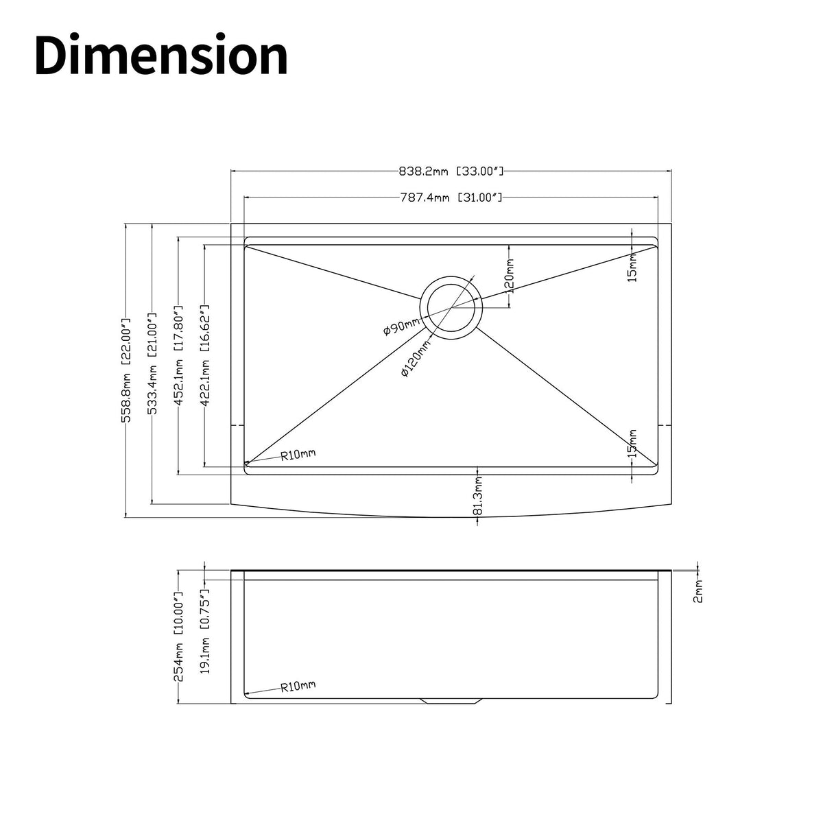 33x22x10'Farmhouse Apron Single Bowl Stainless Steel Kitchen Sink with Workstation