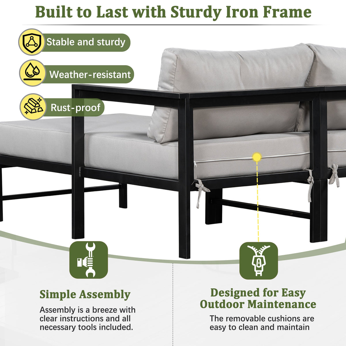 U_style Outdoor L-Shaped Sofa with Iron Frame,Weather-Resistant Patio Sofa Set with Ultra-Thick Cushions,Comfortable Seating for 3,Ideal for Patio, Balcony,and Garden