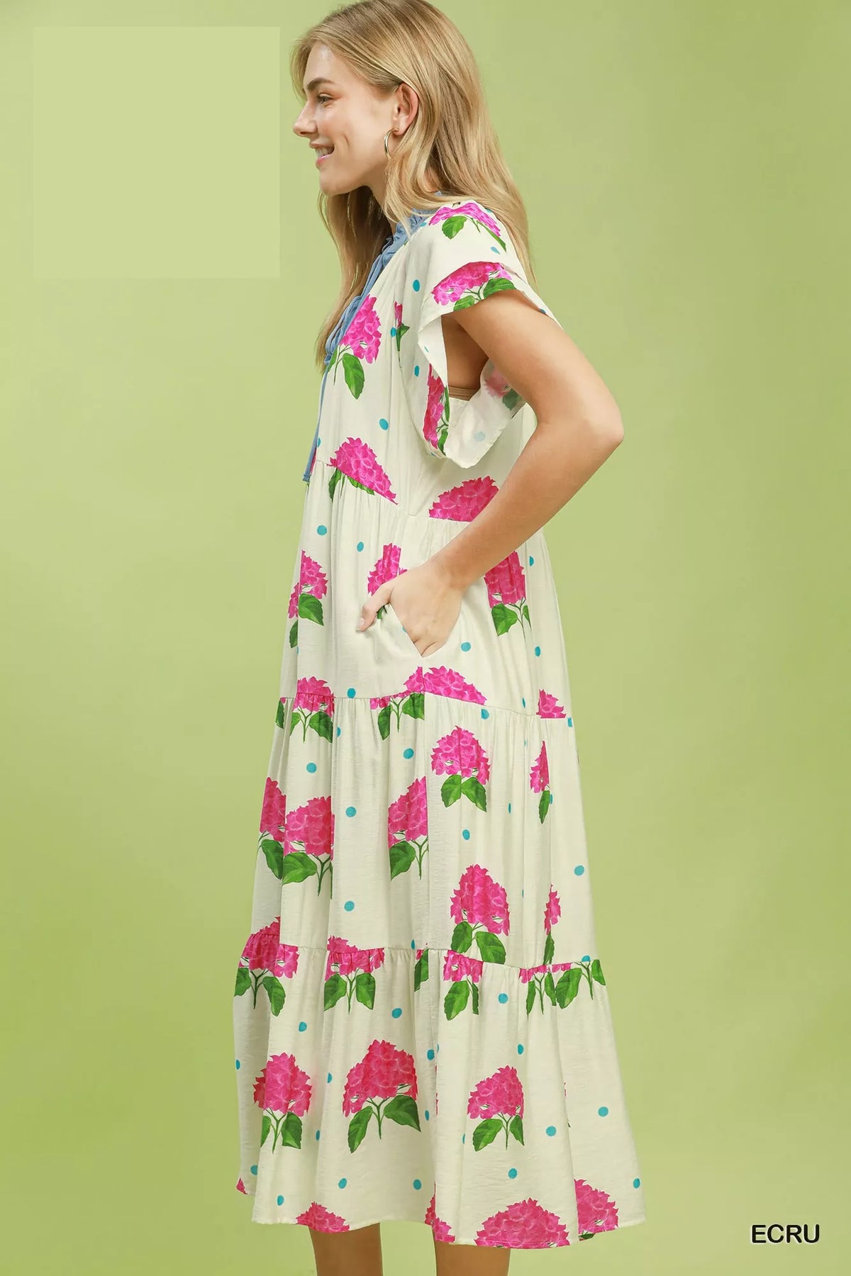 Umgee Hydrangea Print Tiered Midi Dress