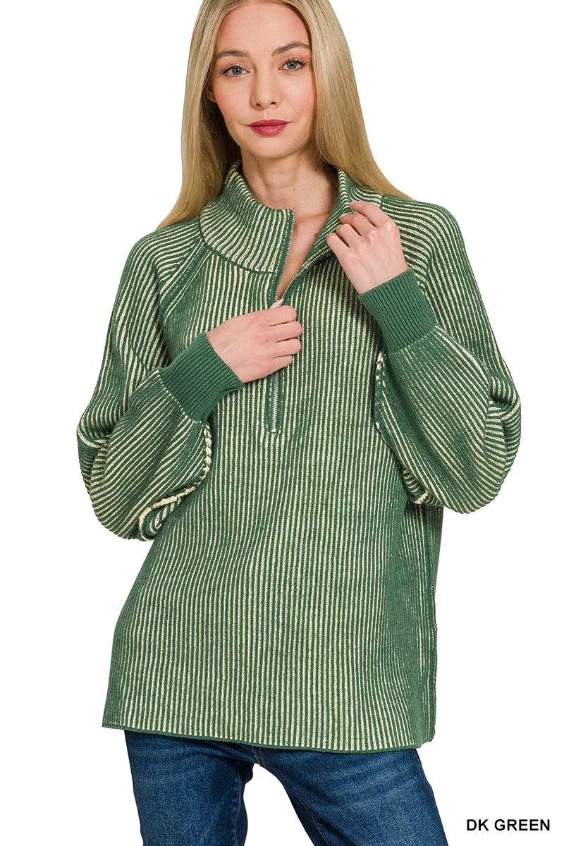 Zenana Ribbed Two Tone Half Zip Sweater