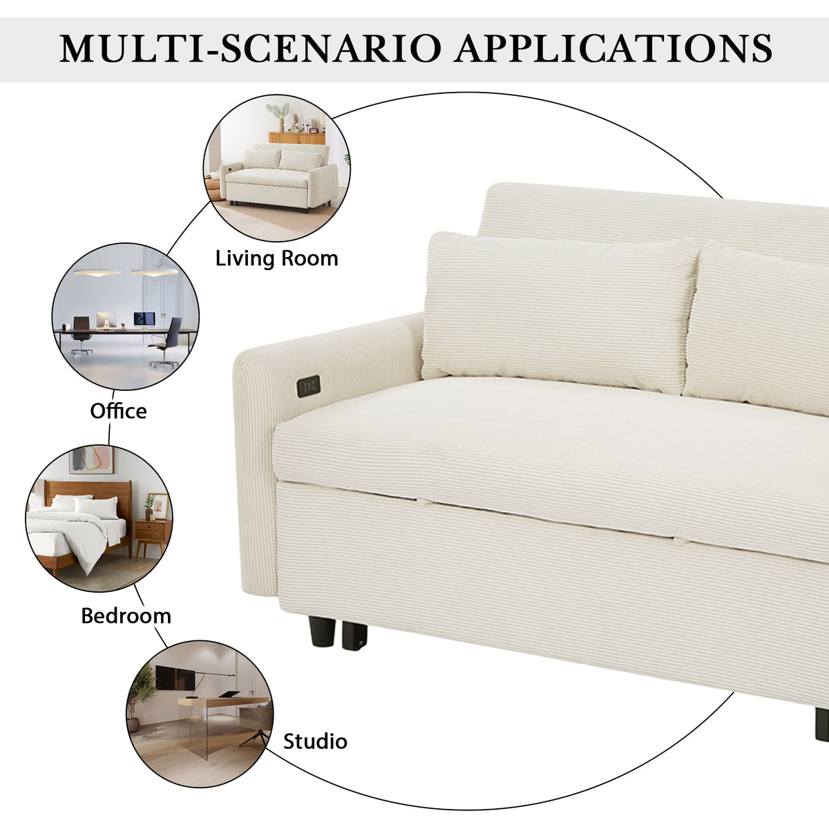 Modern Convertible Pull-out Sofa Bed with USB Ports and Pillows, Beige Corduroy, 57.48 inches