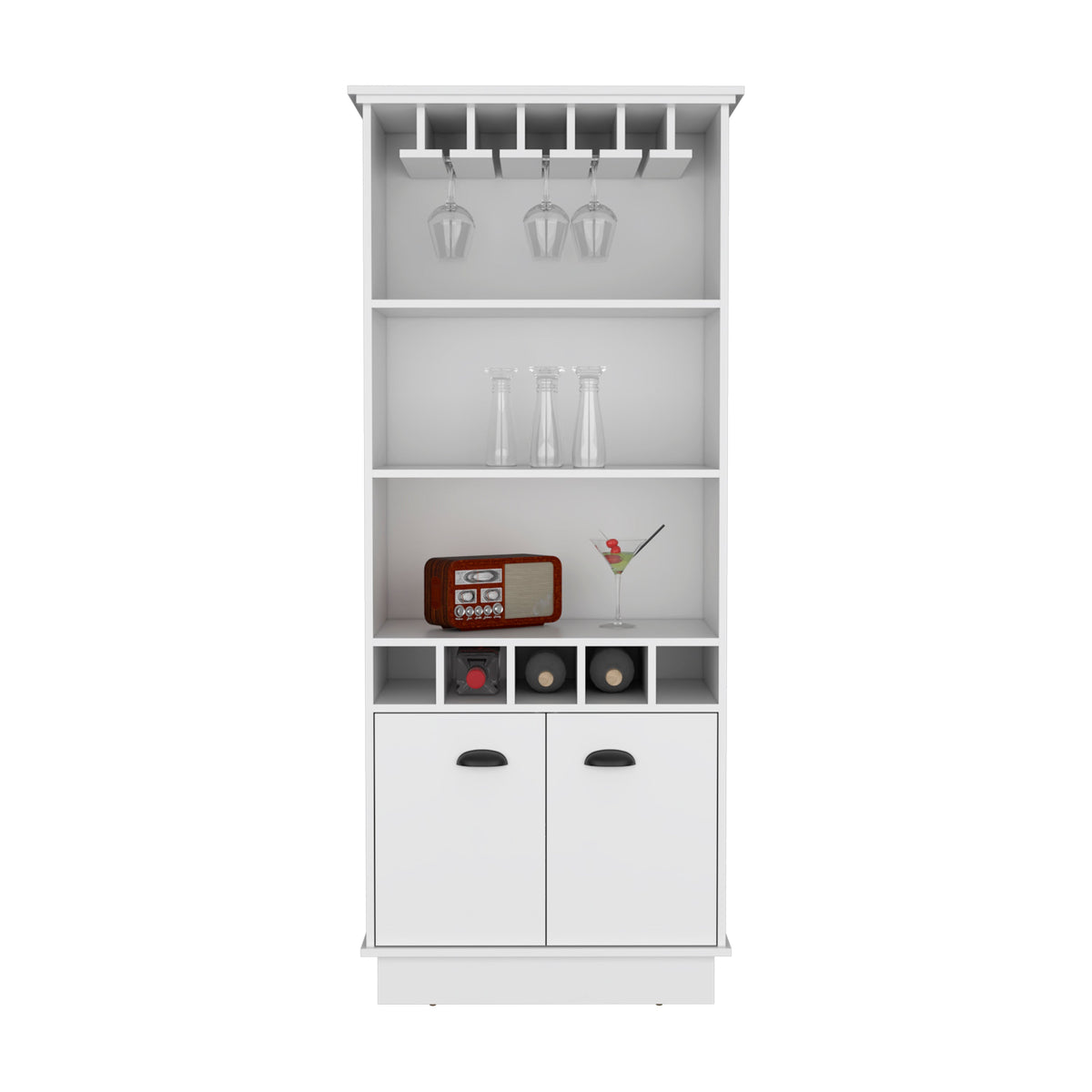 70'H Bar Cabinet with Wine Rack, Upper Glass Cabinet, three Open Storage Shelves and One Cabinet,White