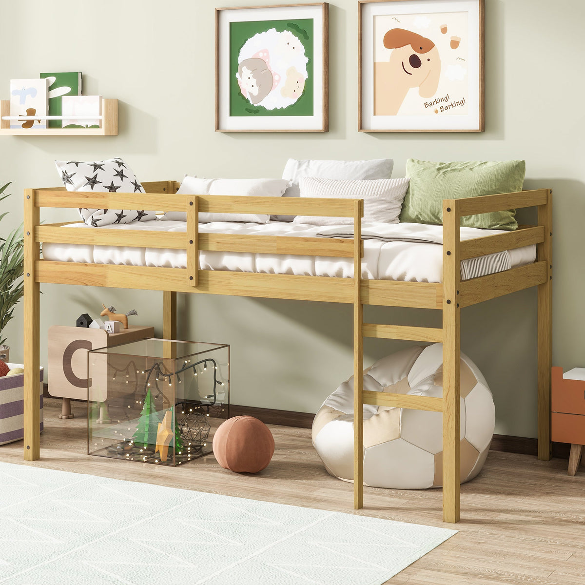 Solid Wooden, Rubber Wooden Twin Loft Bed with Ladder, Bed Platform of Strengthened Slats, Natural