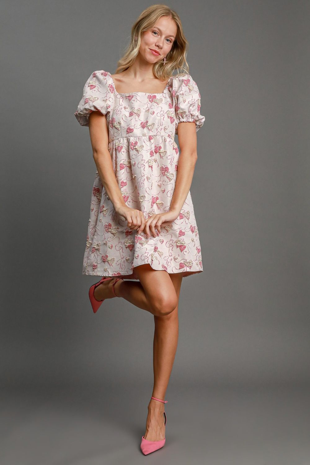 Heart Jacquard Square Neck Puff Sleeve Mini Dress – Romantic Heart Jacquard Dress, Puff Sleeve Dress, Square Neck Mini Dress, Chic Date Night Dress, Elegant Puff Sleeve Dress