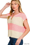 Zenana Split Neck Sleeveless Stripe Sweater