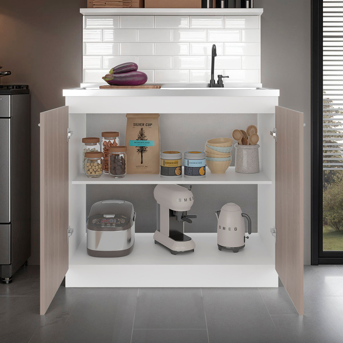 Salento Freestanding Sink, Double Door Cabinet, Two Shelves, White / Ligth Grey