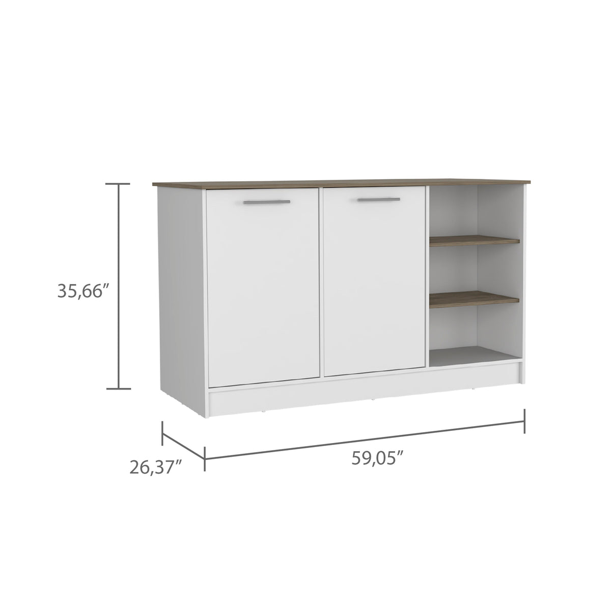 Kitchen Island Two Cabinets, Three Open Shelves, White / Dark Brown