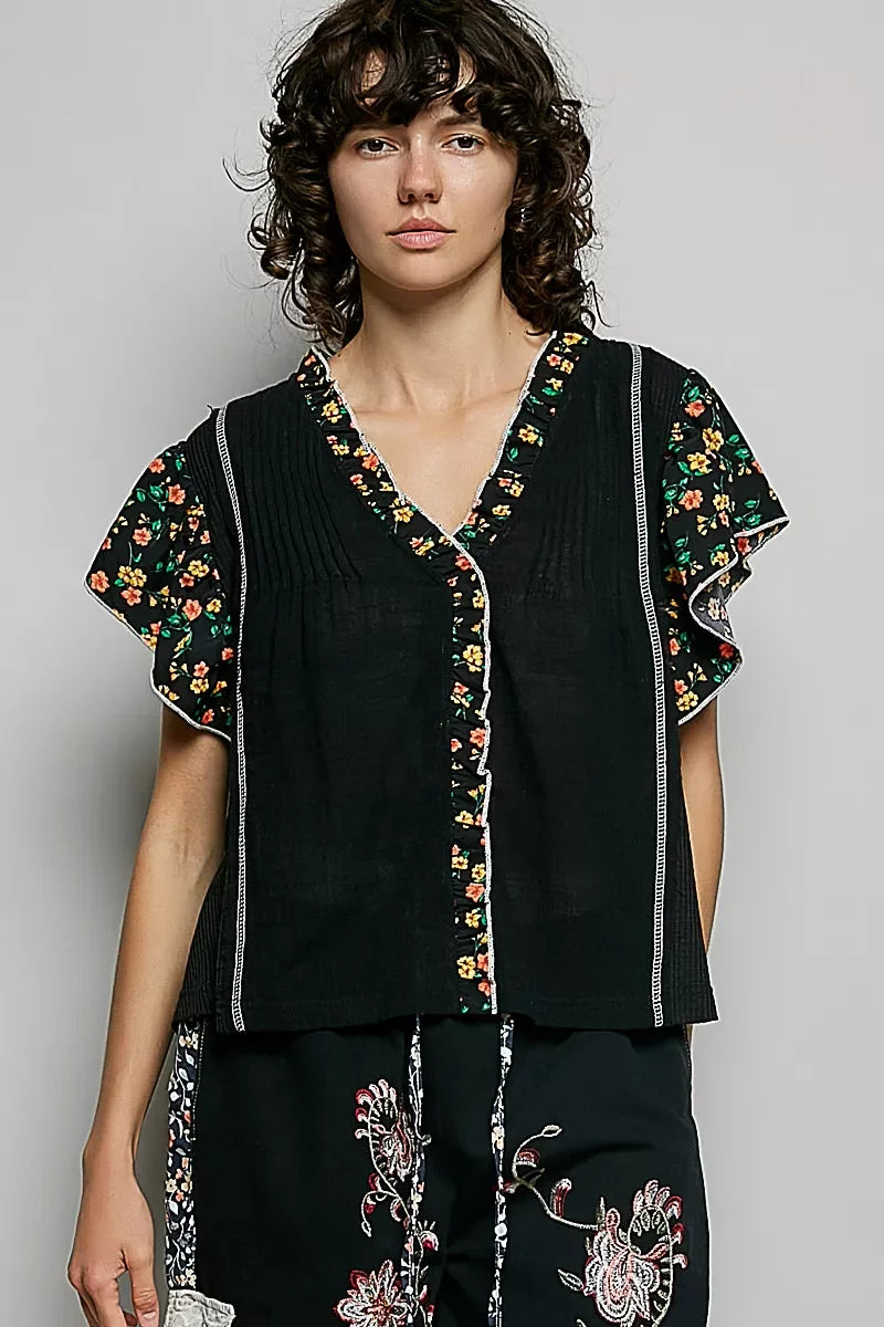 POL V-Neck Floral Ruffle Sleeve Blouse