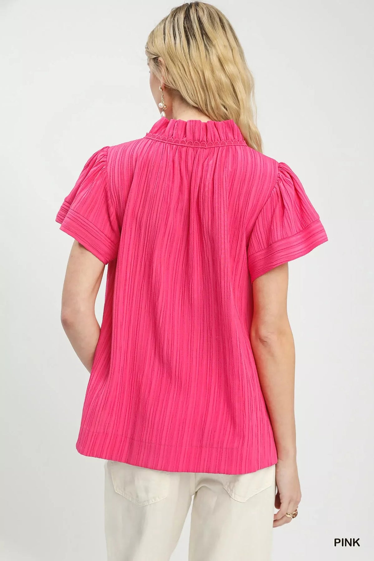 Umgee Texture Flutter Sleeve Notched Blouse