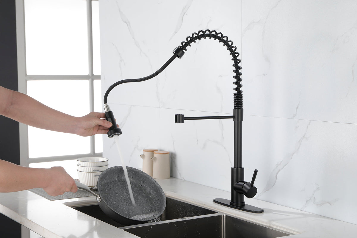 Spring kitchen faucet with pull-out sprayer, stainless steel single handle single hole kitchen sink faucet
