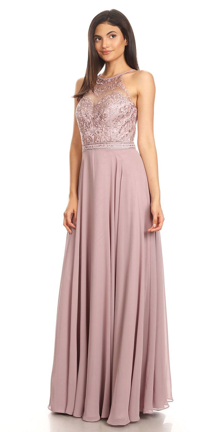 CLEARANCE - Eureka 8111 Chiffon Halter A-line Long Dress Lace Appliqued Bodice (Size L)