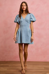 SO ME Bubble Sleeves Denim Fit And Flare Mini Dress