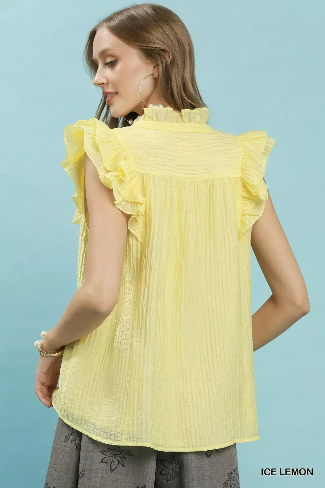 Umgee Textured Ruffle Sleeve Split V Neck Top