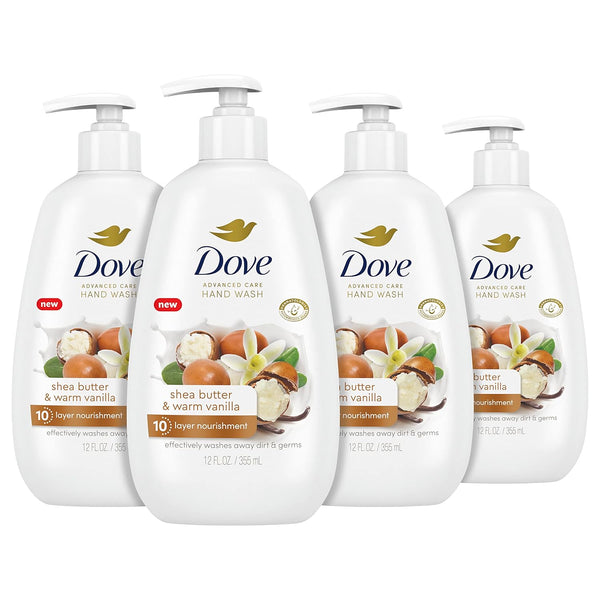 Dove Advanced Care Hand Wash Shea Butter & Warm Vanilla 4 Count for Soft, Smooth Skin, More Moisturizers than the Leading Ordinary Hand Soap, 12 oz