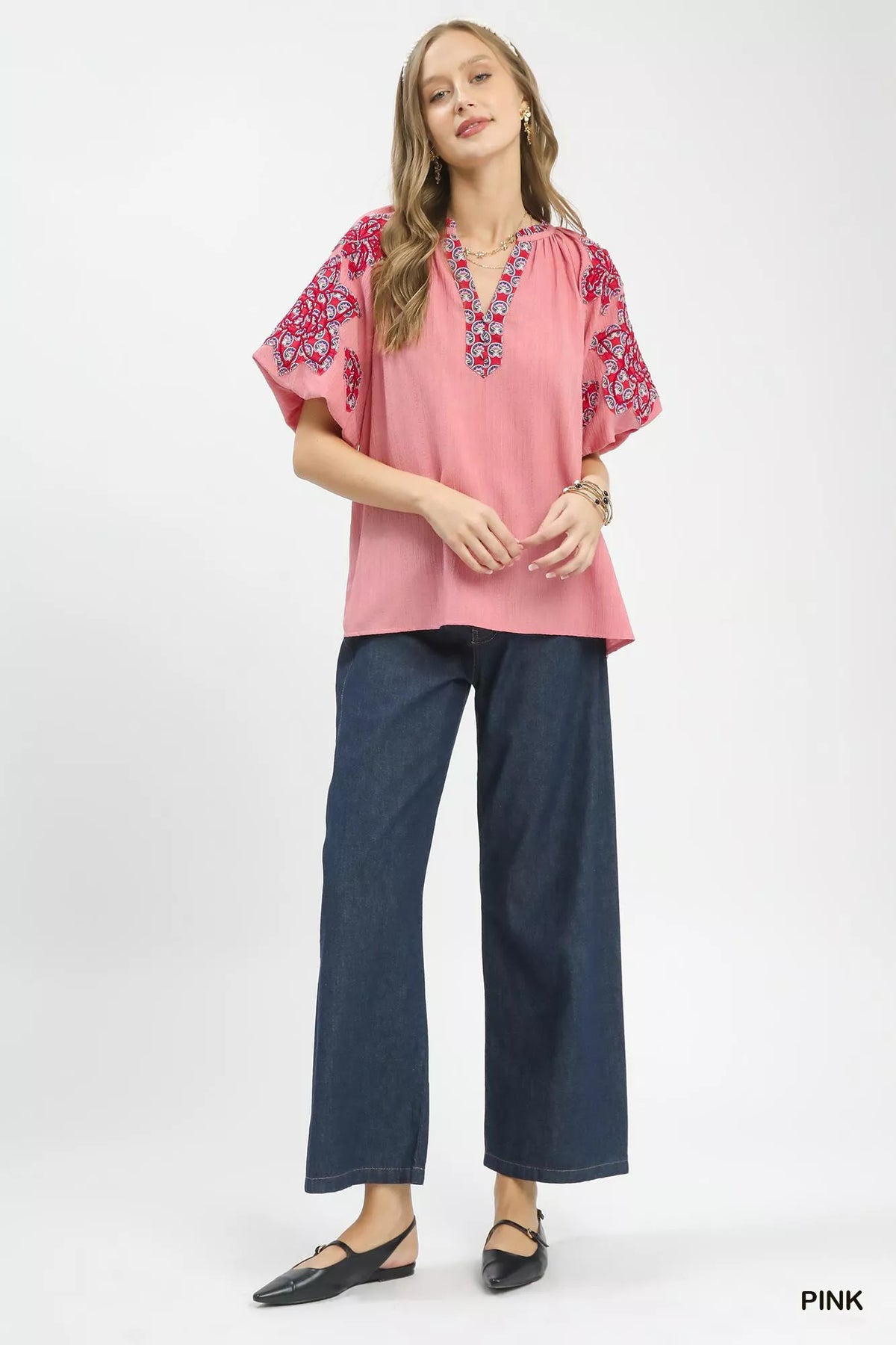 Umgee Embroidered Sleeve Contrast Trim Top
