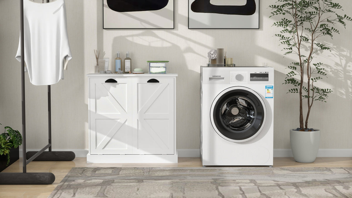 Two-Compartment Tilt-Out Laundry Sorter Cabinet-White