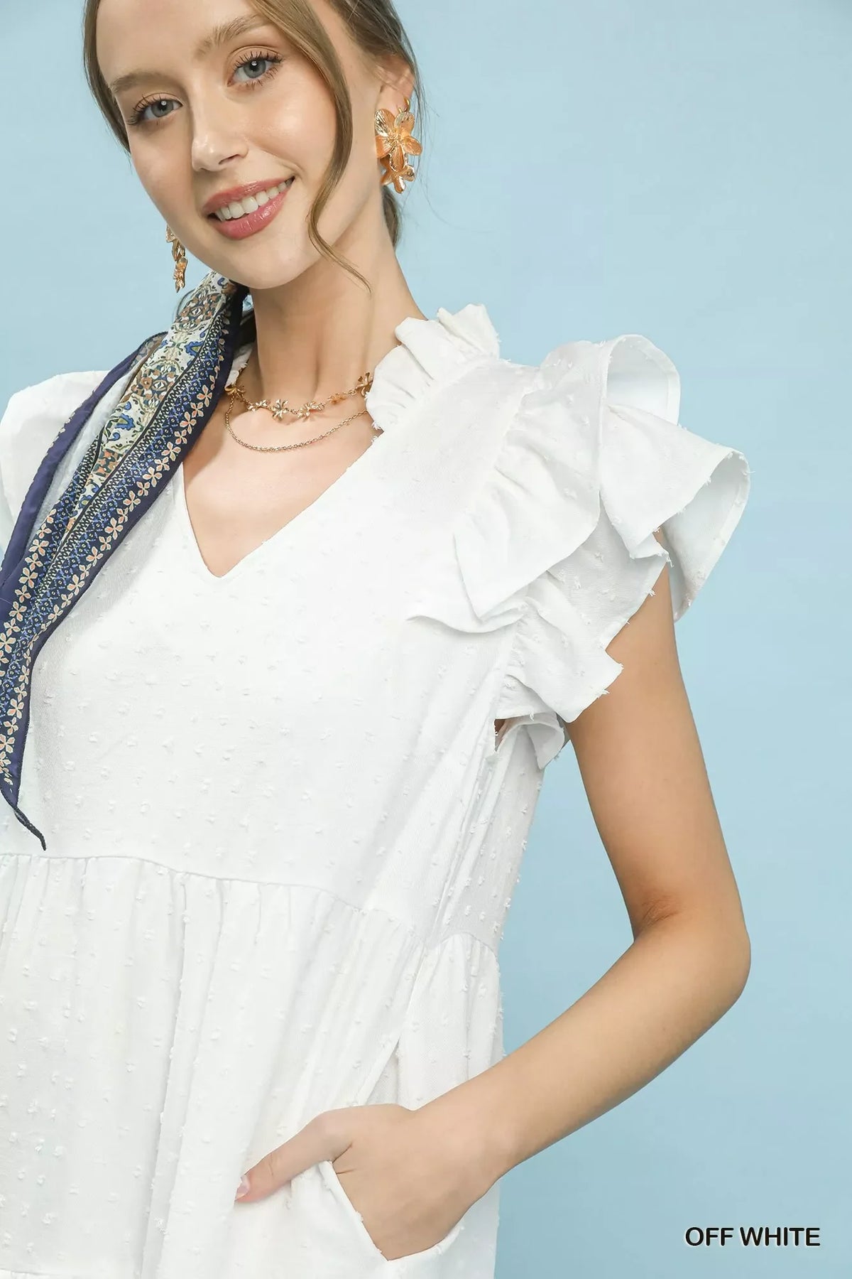 Umgee Textured Ruffle Sleeve Tiered Midi Dress