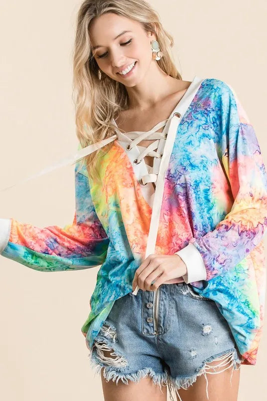 BiBi Tie Dye Deep V-neck Top With Lace Up Front