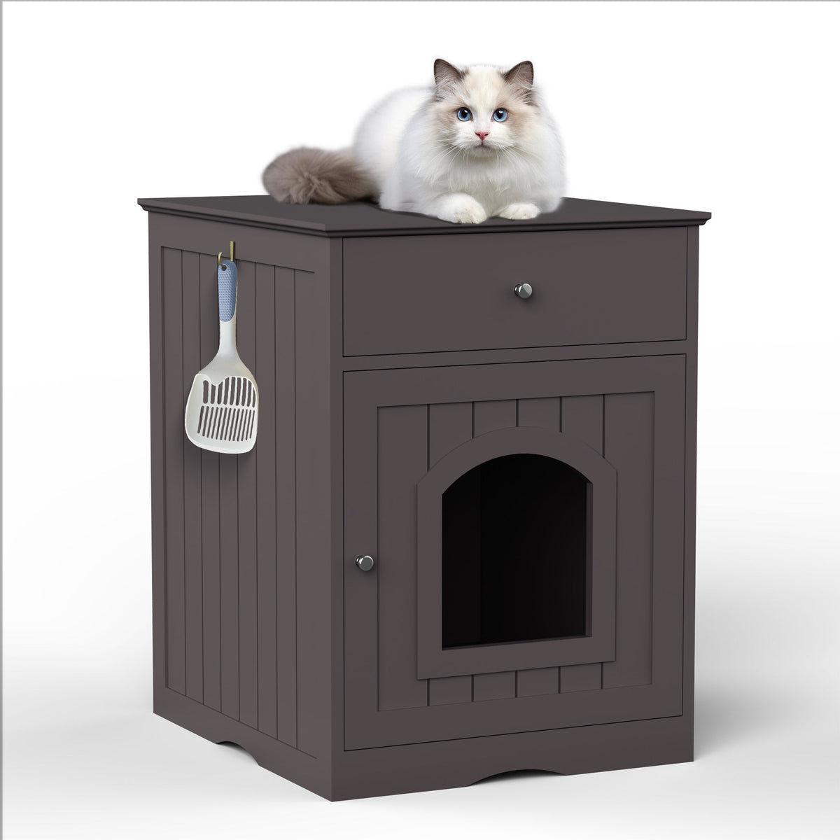 Brown Wooden Pet House Cat Litter Box Enclosure with Drawer, Side Table, Indoor Pet Crate, Cat Home Nightstand